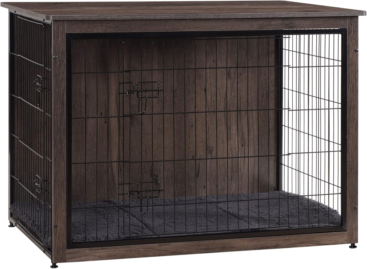 Dog Crate Furniture with Cushion, Wooden Kennel Table with Double Doors, Indoor Dog House, Small/Medium/Large/Extra Large Size, 27.2" L, Dark Gray