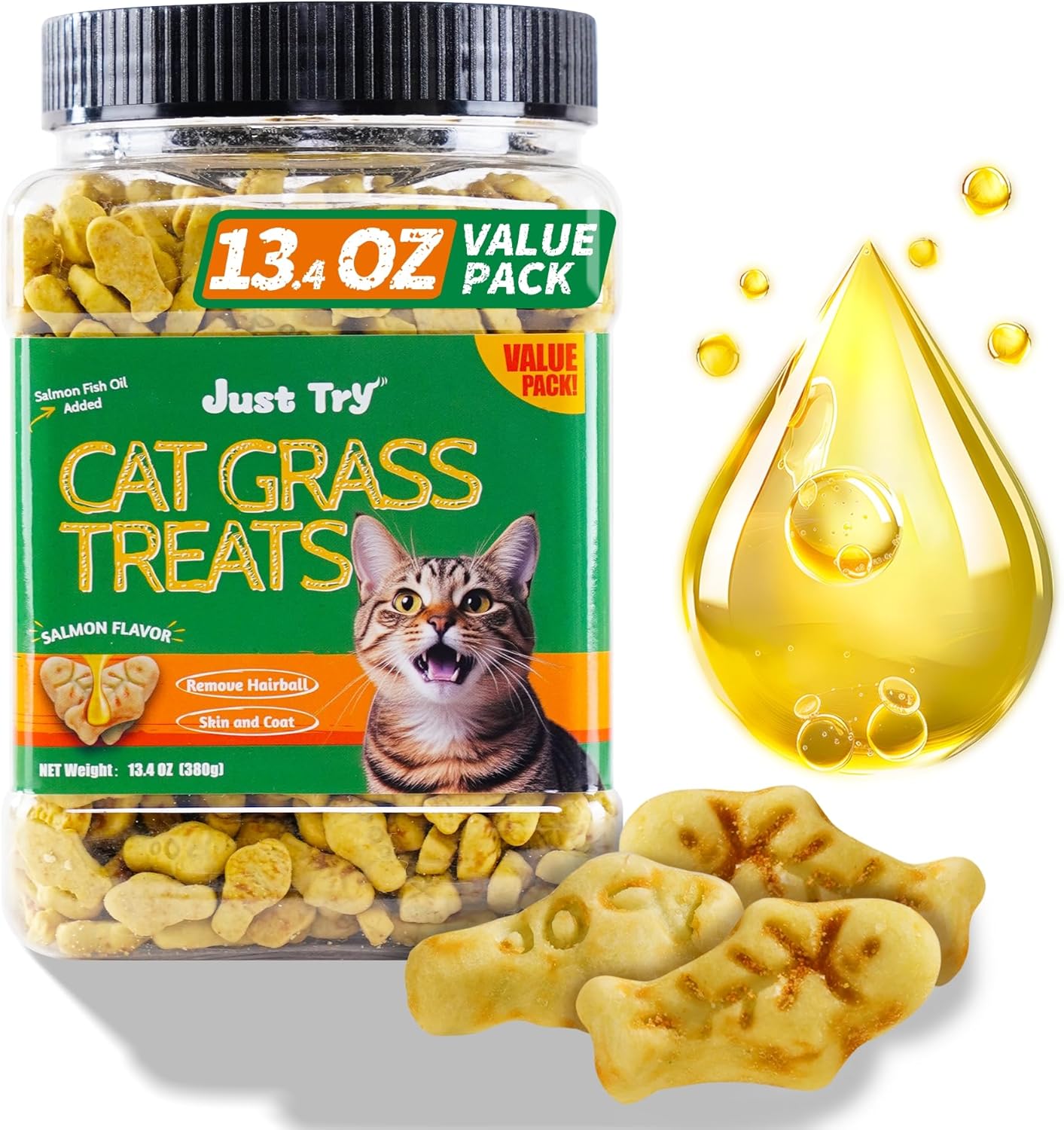 13.4 OZ Cat Grass Treats for Indoor Cats Hairball Control Natural Salmon Kitten Treats Healthy Cat Snacks Training Biscuits Catnip for Cats Dental Care
