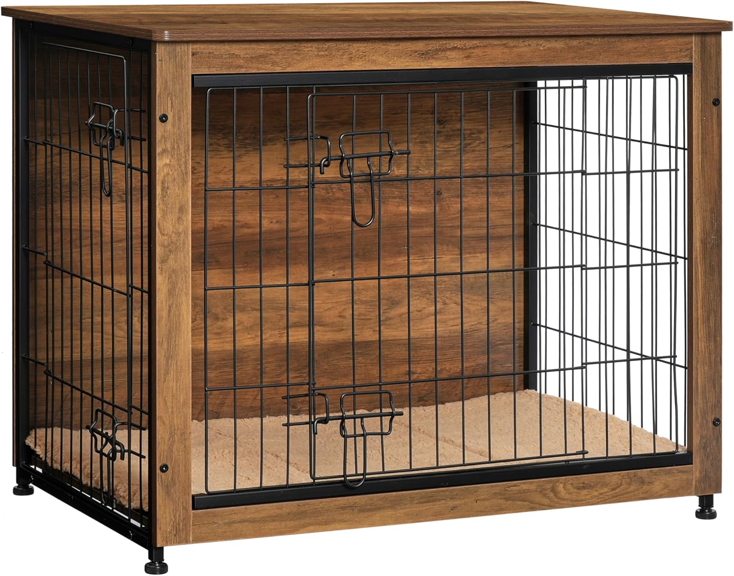Dog Crate Furniture with Cushion, Wooden Kennel Table with Double Doors, Indoor Dog House, Small/Medium/Large/Extra Large Size, 27.2" L, Dark Gray