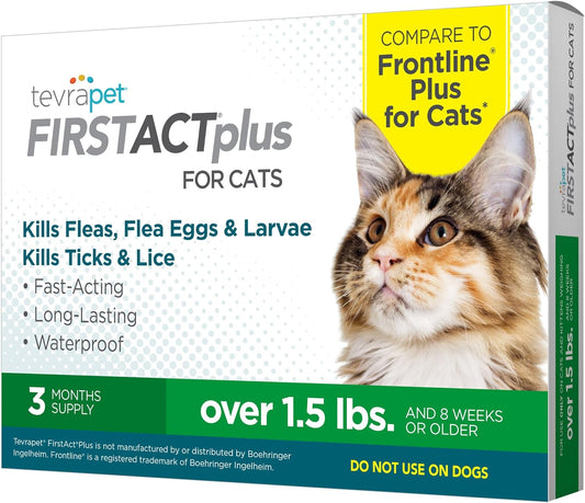 Firstact plus Flea and Tick Topical for Cats over 1.5Lbs, 3 Dose Waterproof Flea and Tick Control/Prevention for 3 Months