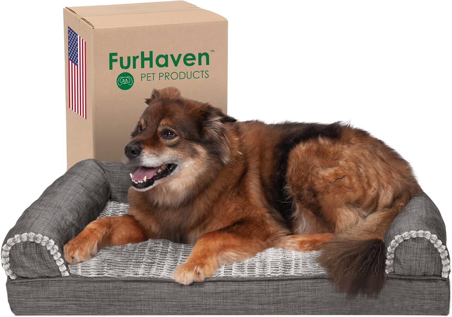 Furhaven XL Orthopedic Dog Bed Luxe Faux Fur & Performance Linen Sofa-Style W/ R