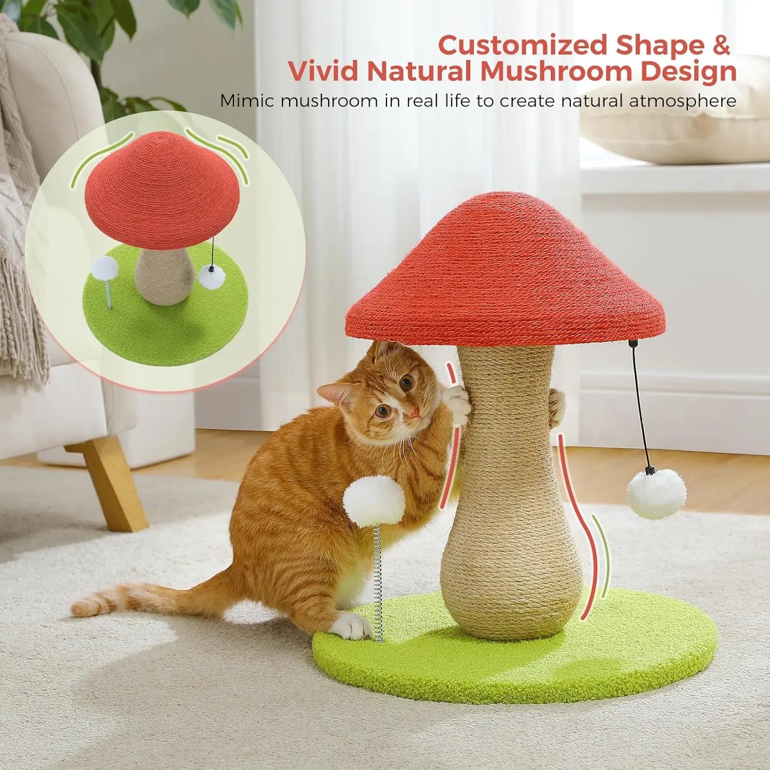 Mushroom Cat Scratching Post, Cat Scratcher Cute with 100% Sisal Covered Scratch