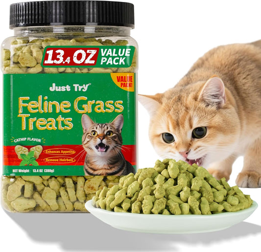 13.4 OZ Cat Grass Treats for Indoor Cats Hairball Control Natural Salmon Kitten Treats Healthy Cat Snacks Training Biscuits Catnip for Cats Dental Care