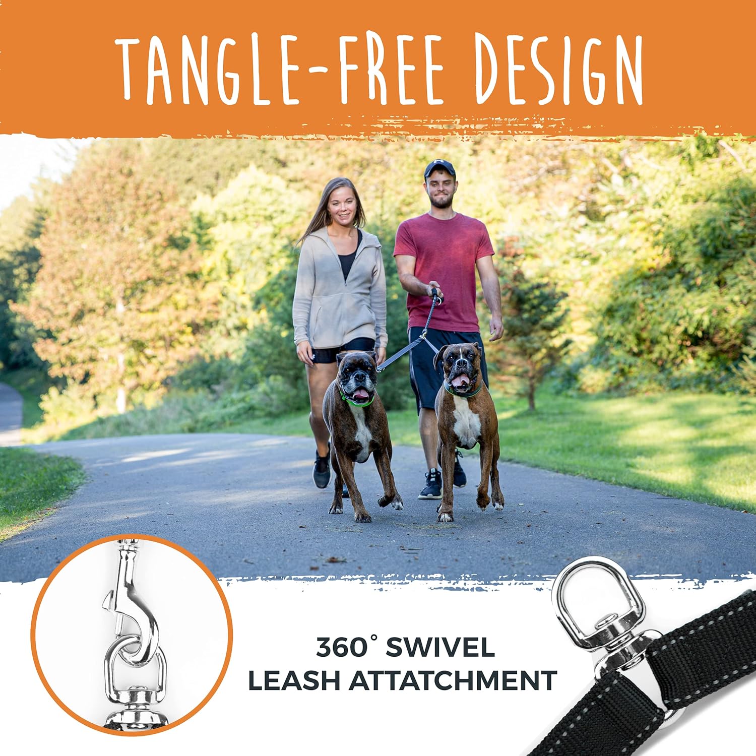 Double Dog Leash with Rope Handle - Double Leash for Two Dogs No Tangle Design