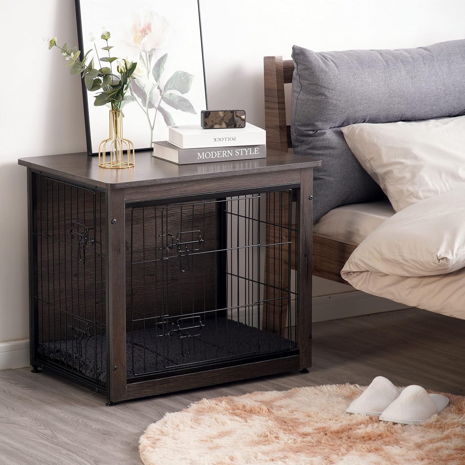 Dog Crate Furniture with Cushion, Wooden Kennel Table with Double Doors, Indoor Dog House, Small/Medium/Large/Extra Large Size, 27.2" L, Dark Gray