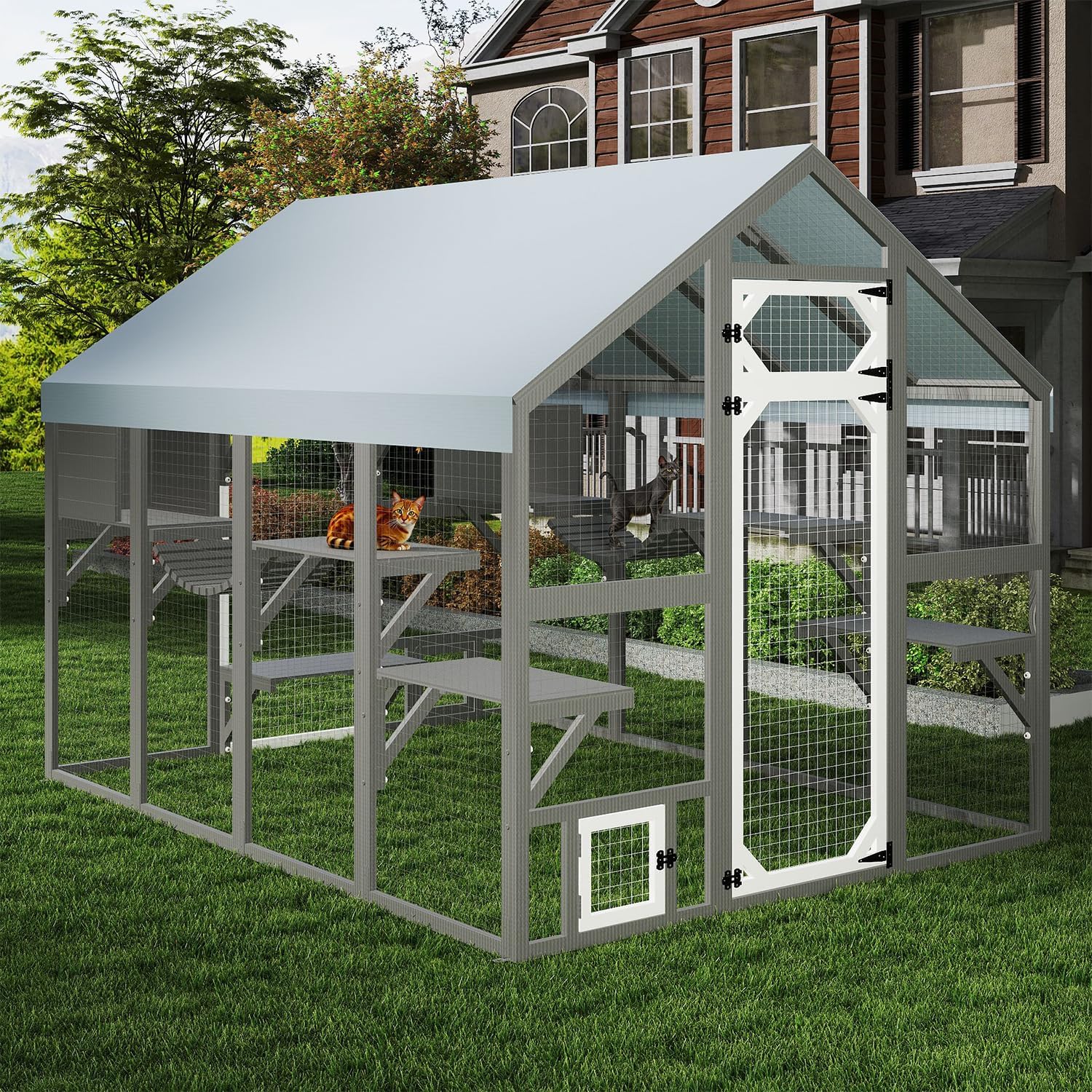 Catio Outdoor Cat Enclosure, Large Cat House Cat Cage Condo Indoor Playpen Kitty Shelter with Multi-Level Platforms, Waterproof Roof, Pull-Out Tray, and 2 Resting Boxes