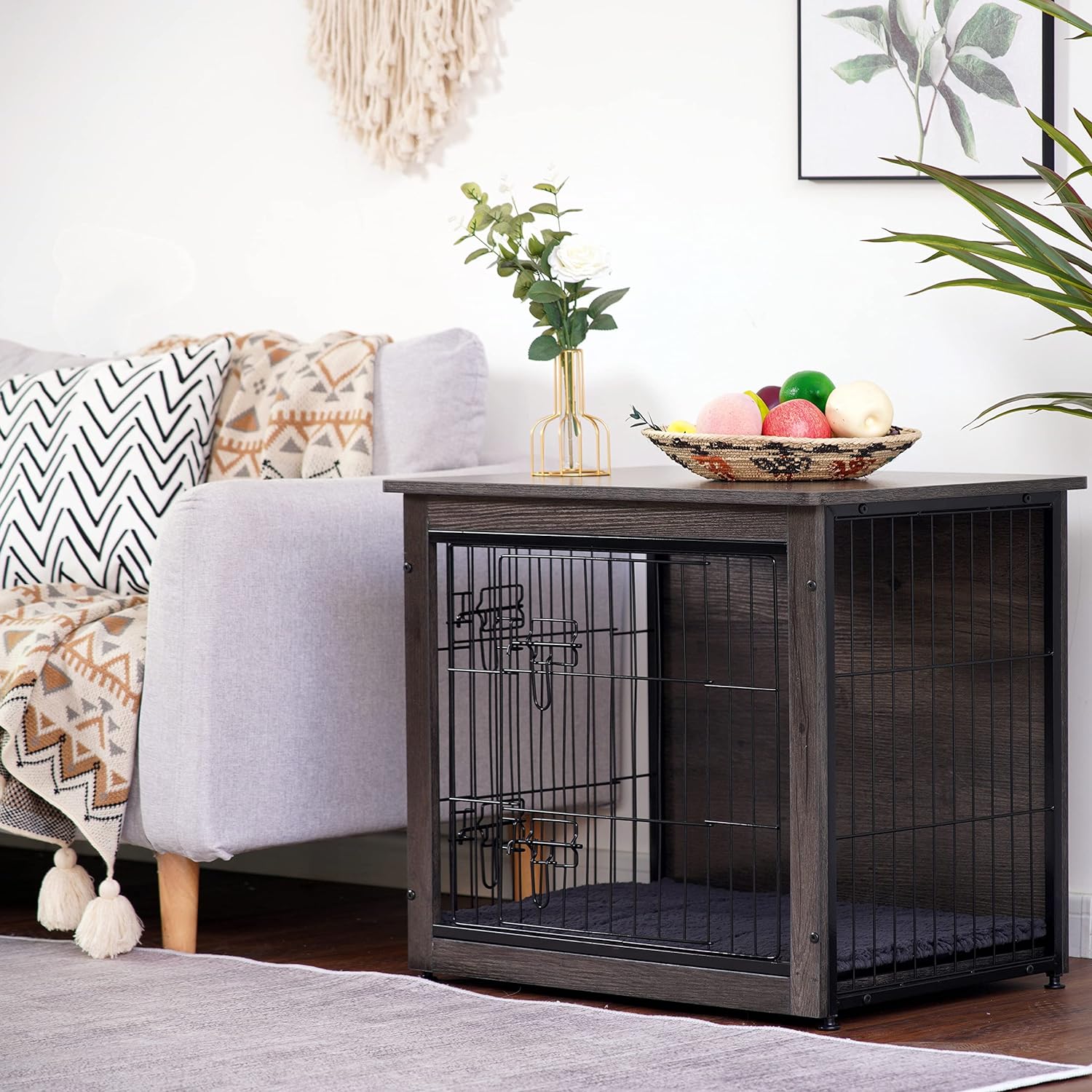 Dog Crate Furniture with Cushion, Wooden Kennel Table with Double Doors, Indoor Dog House, Small/Medium/Large/Extra Large Size, 27.2" L, Dark Gray