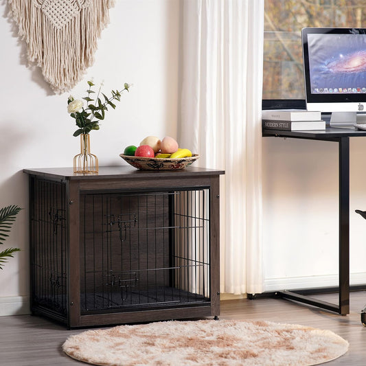 Dog Crate Furniture with Cushion, Wooden Kennel Table with Double Doors, Indoor Dog House, Small/Medium/Large/Extra Large Size, 27.2" L, Dark Gray