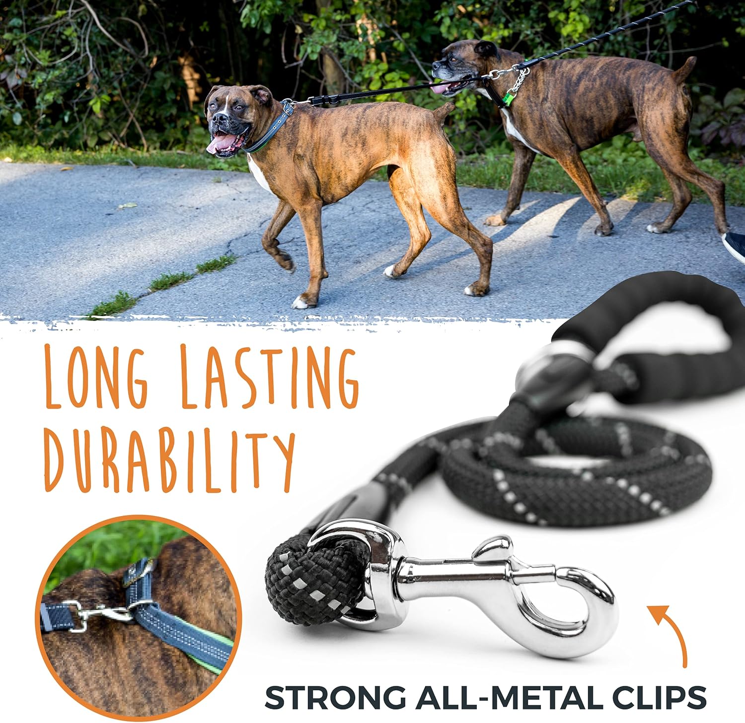 Double Dog Leash with Rope Handle - Double Leash for Two Dogs No Tangle Design
