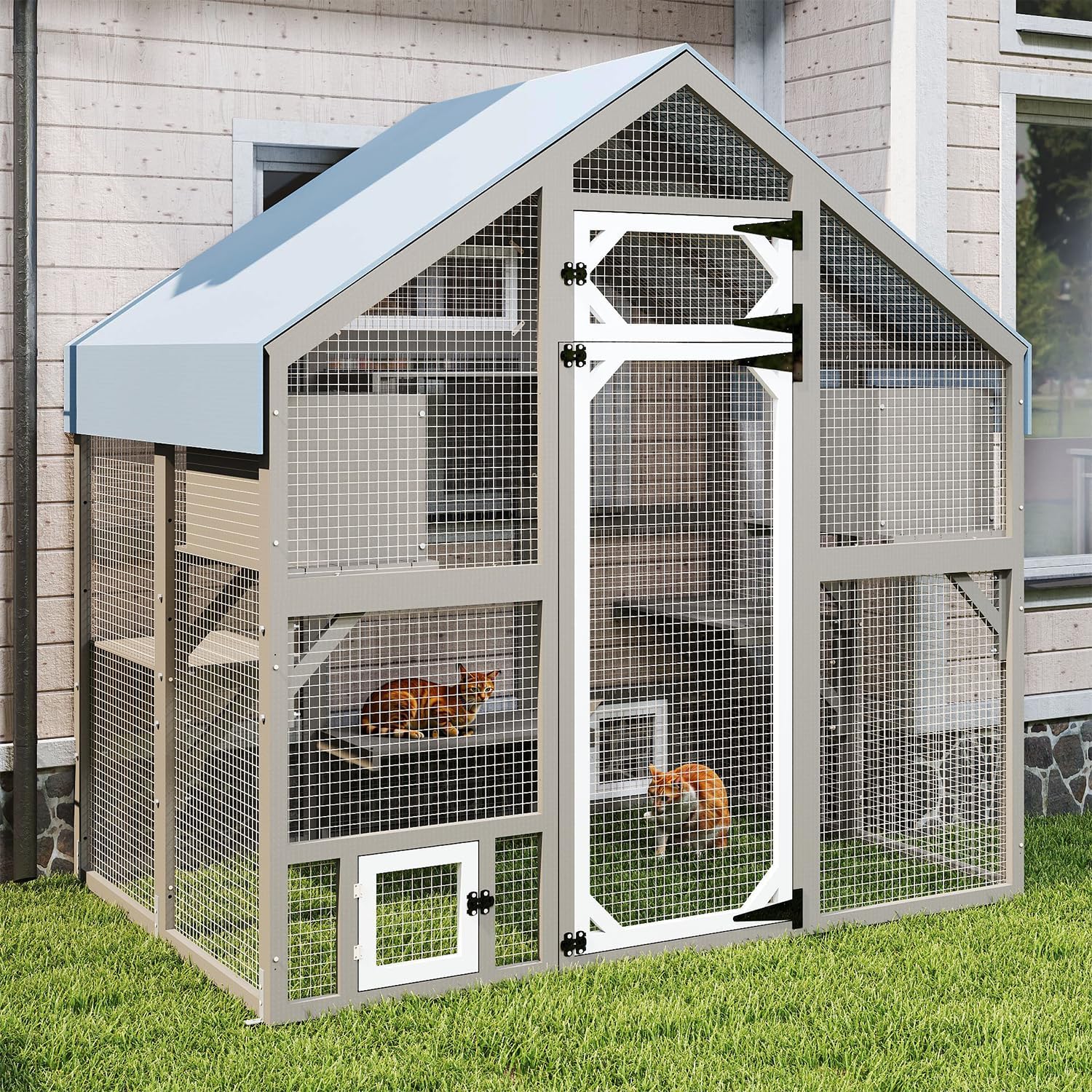 Catio Outdoor Cat Enclosure, Large Cat House Cat Cage Condo Indoor Playpen Kitty Shelter with Multi-Level Platforms, Waterproof Roof, Pull-Out Tray, and 2 Resting Boxes