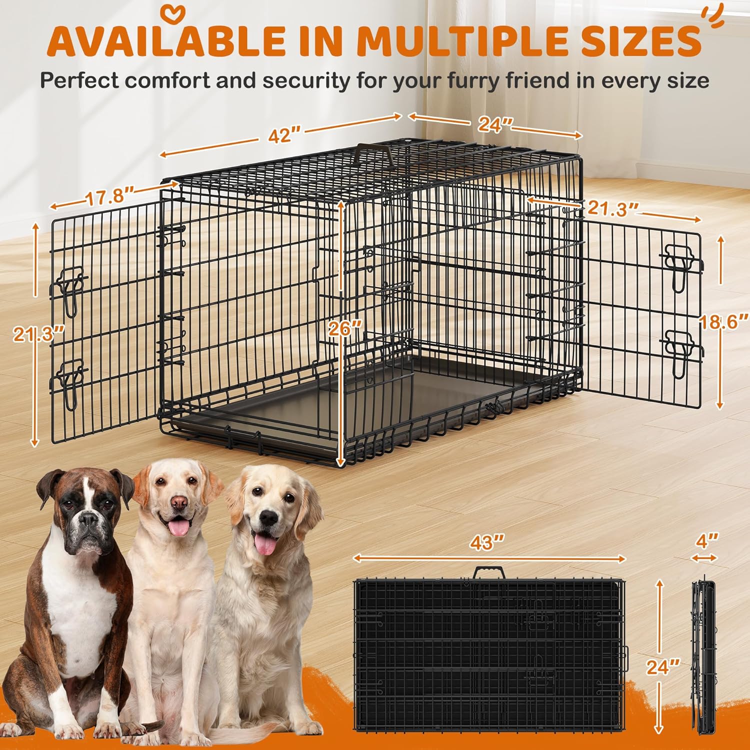 Dog Crate Double Door Dog Cage with Divider Folding Pet Cage 42/48 inch