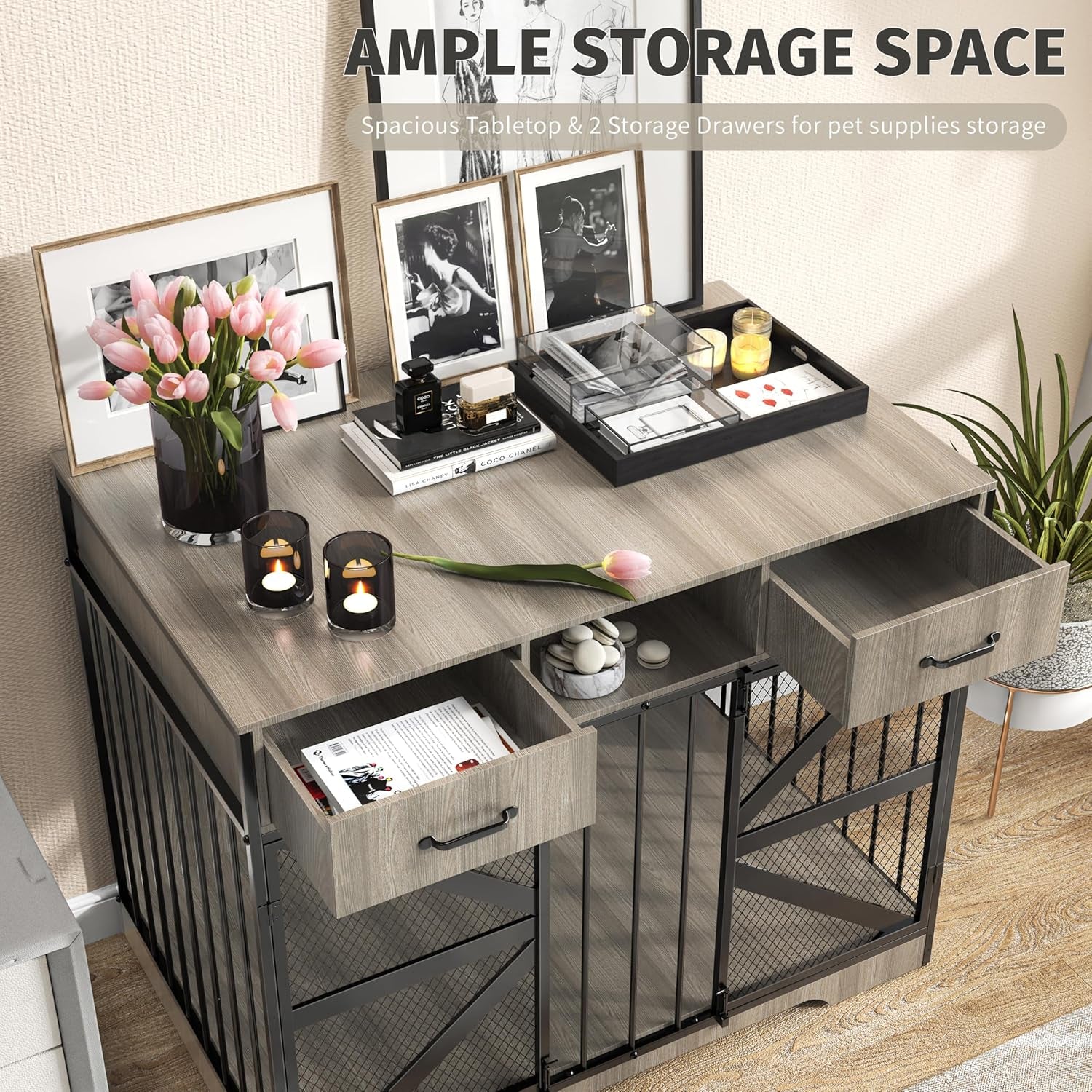 44" Large Dog Crate Furniture, Wooden Heavy Duty Dog Kennel TV Stand with 2 Drawers, Indoor Multi-Functional Decorative XL Furniture for Medium & Large Breeds, Grey