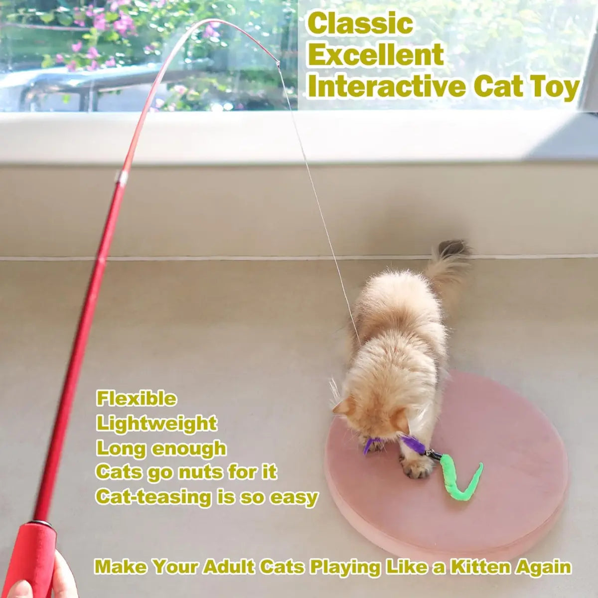 KEEP CATS VERY ENTERTAINED : Cats are crazy about chaser games! Combine string and feather into a great cat toys for indoor cats, this cat toy is an irresistible lure for cats! Swing the feathers " cat lure " will get your cats excited and stimulate their natural " hunt instinct ", making them run and jump like a wild animal, driving your cats crazy with joy! Even adult cat play like a kitten again!