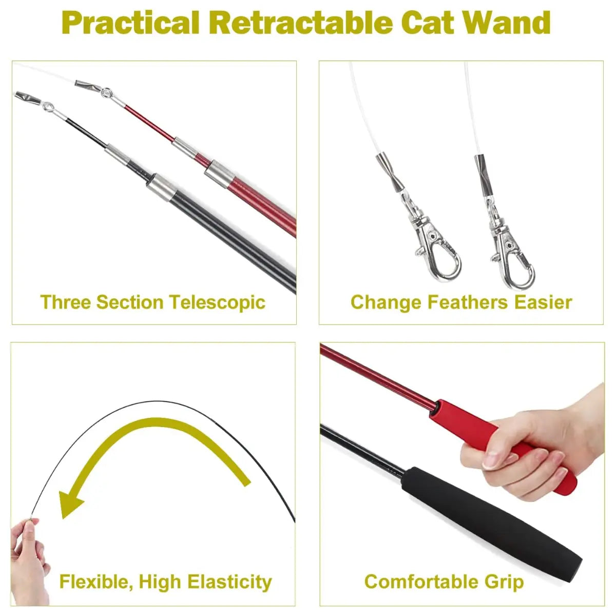 KEEP CATS VERY ENTERTAINED : Cats are crazy about chaser games! Combine string and feather into a great cat toys for indoor cats, this cat toy is an irresistible lure for cats! Swing the feathers " cat lure " will get your cats excited and stimulate their natural " hunt instinct ", making them run and jump like a wild animal, driving your cats crazy with joy! Even adult cat play like a kitten again!