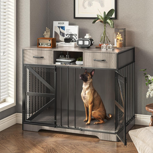 44" Large Dog Crate Furniture, Wooden Heavy Duty Dog Kennel TV Stand with 2 Drawers, Indoor Multi-Functional Decorative XL Furniture for Medium & Large Breeds, Grey