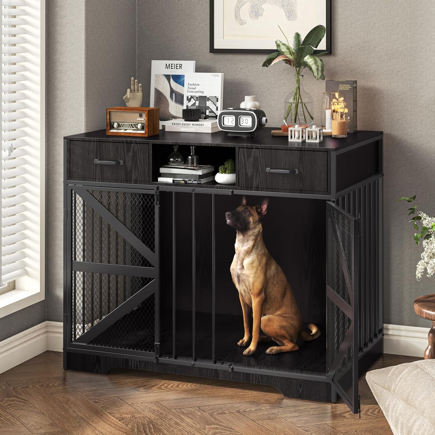 44" Large Dog Crate Furniture, Wooden Heavy Duty Dog Kennel TV Stand with 2 Drawers, Indoor Multi-Functional Decorative XL Furniture for Medium & Large Breeds, Grey